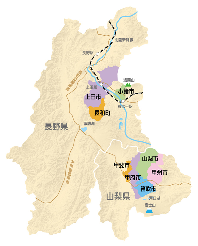 山梨県・長野県の地図